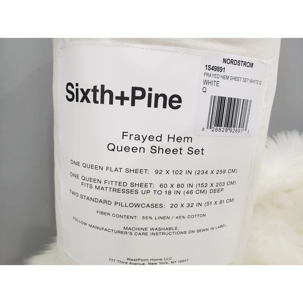 Sixth + Pine White Frayed Hem Queen Sheet Set 4pc Linen Cotton Blend‎ NEW